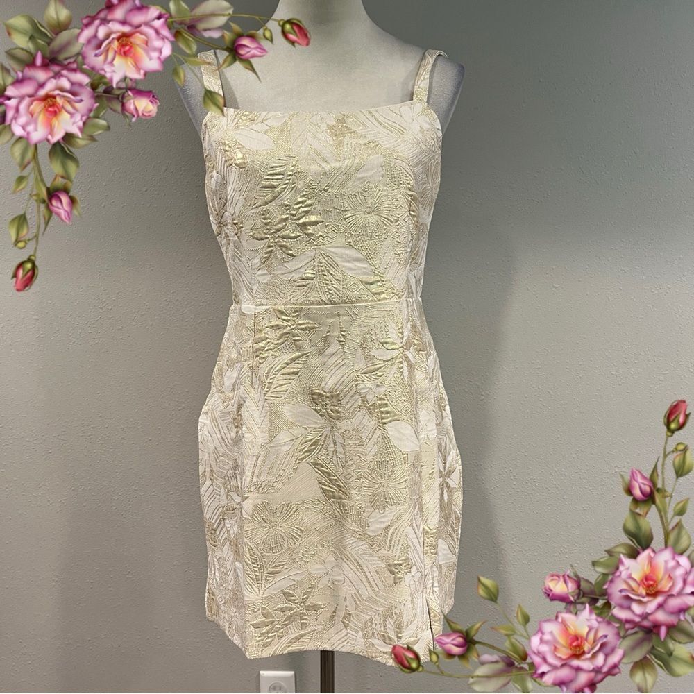 Lulus Elegant Cream gold Floral mini Dress with‎ straps